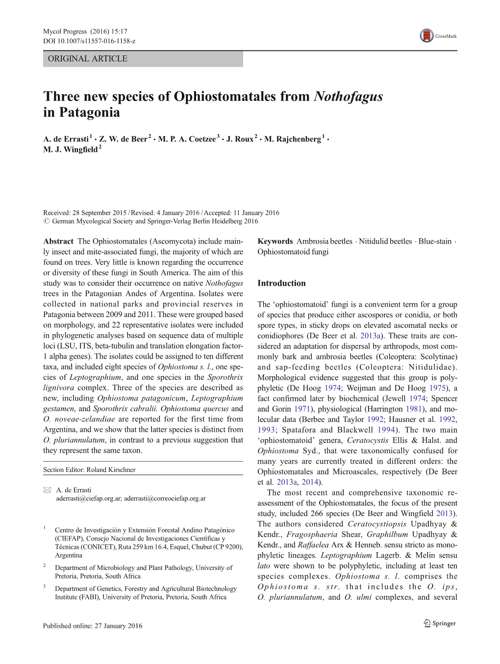 Three New Species of Ophiostomatales from Nothofagus in Patagonia