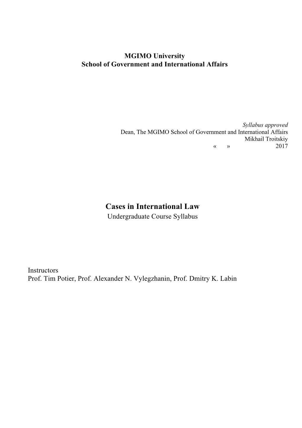 Cases in International Law Undergraduate Course Syllabus