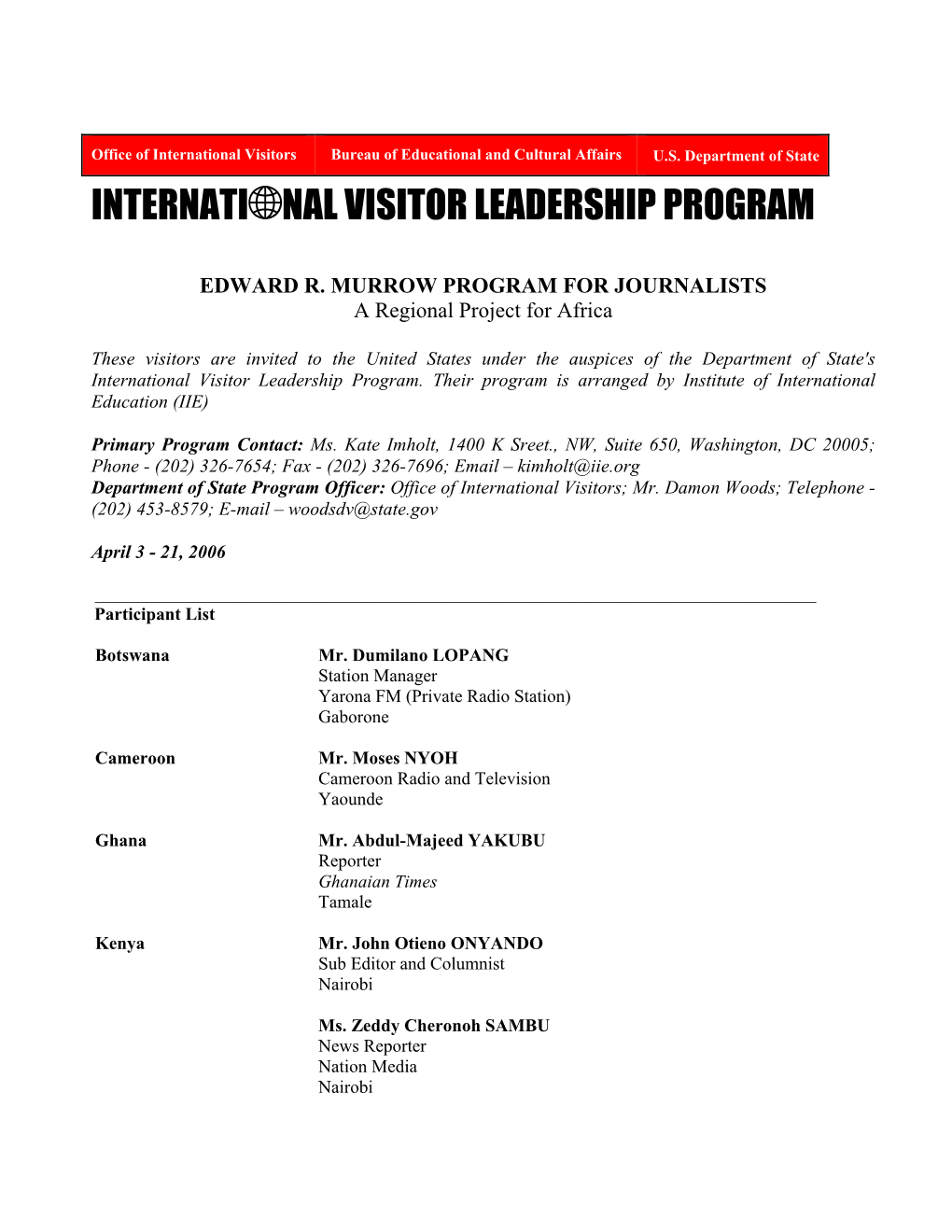 Internati Nal Visitor Leadership Program
