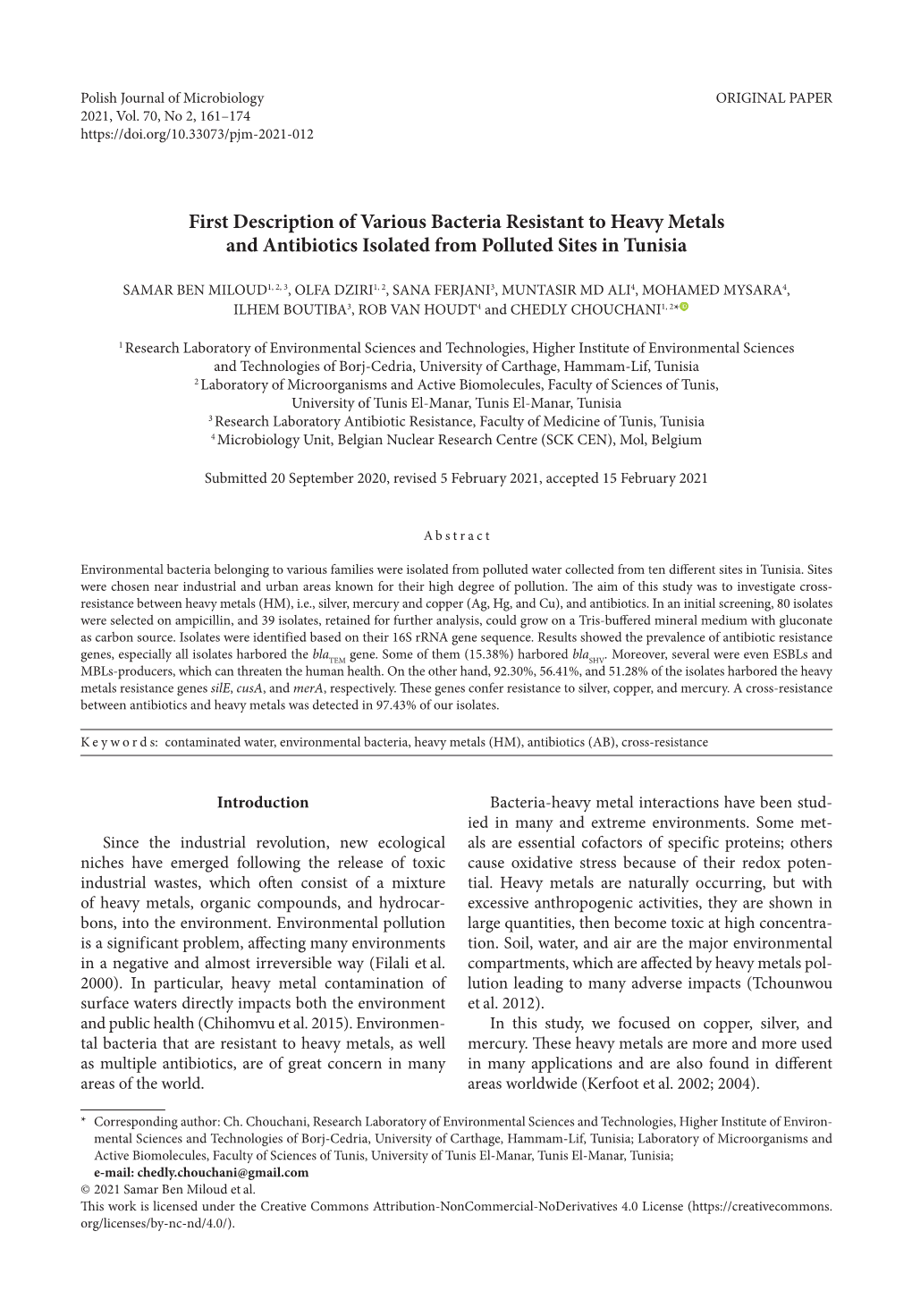 First Description of Various Bacteria Resistant to Heavy Metals and Antibiotics Isolated from Polluted Sites in Tunisia