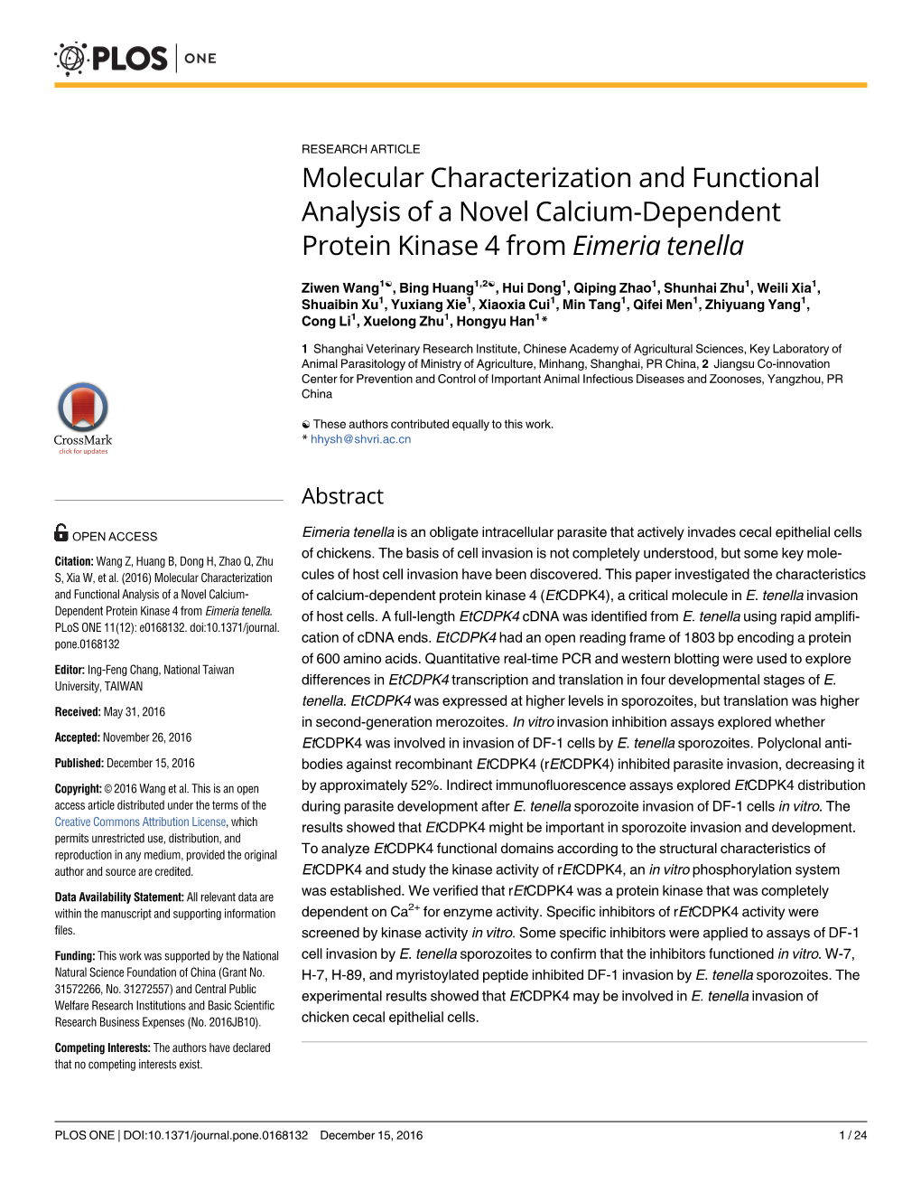 Molecular Characterization and Functional Analysis of a Novel Calcium-Dependent Protein Kinase 4 from Eimeria Tenella