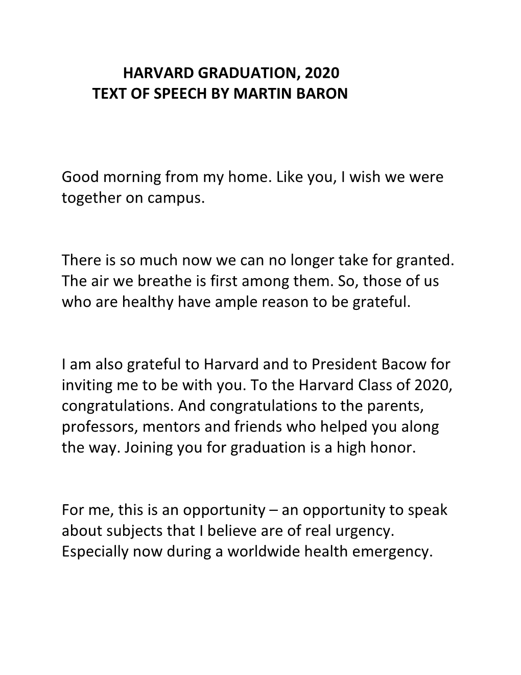 Martin Baron, Graduation Address