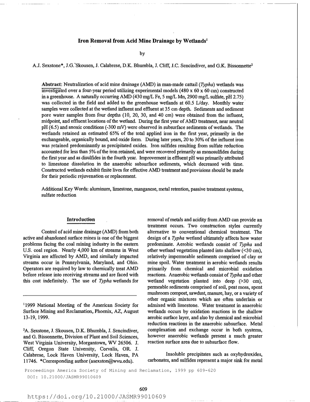 Iron Removal from Acid Mine Drainage by Wetlands'