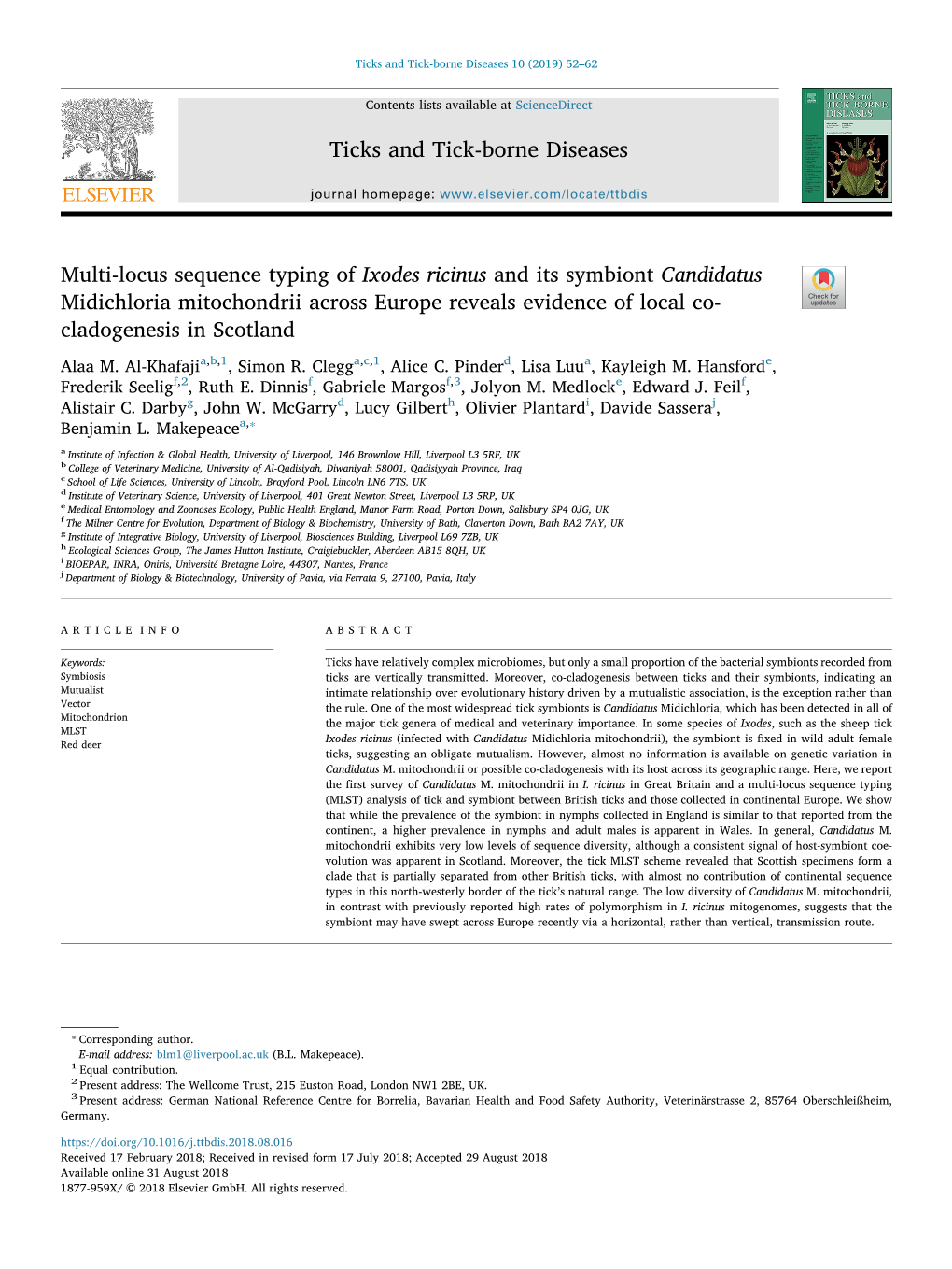 Multi-Locus Sequence Typing of Ixodes Ricinus and Its Symbiont Candidatus Midichloria Mitochondrii Across Europe Reveals Evidenc