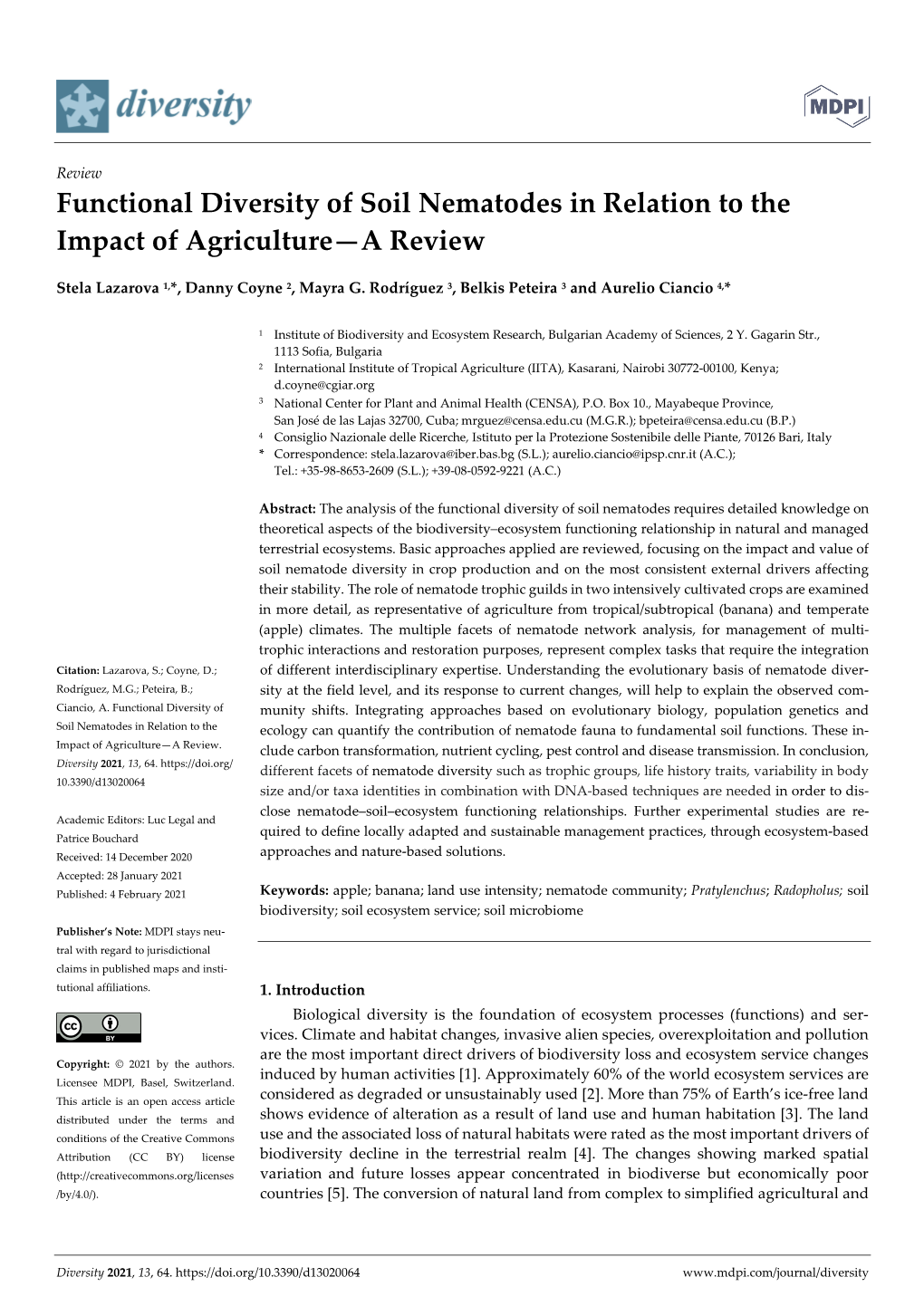 Functional Diversity of Soil Nematodes in Relation to the Impact of Agriculture—A Review