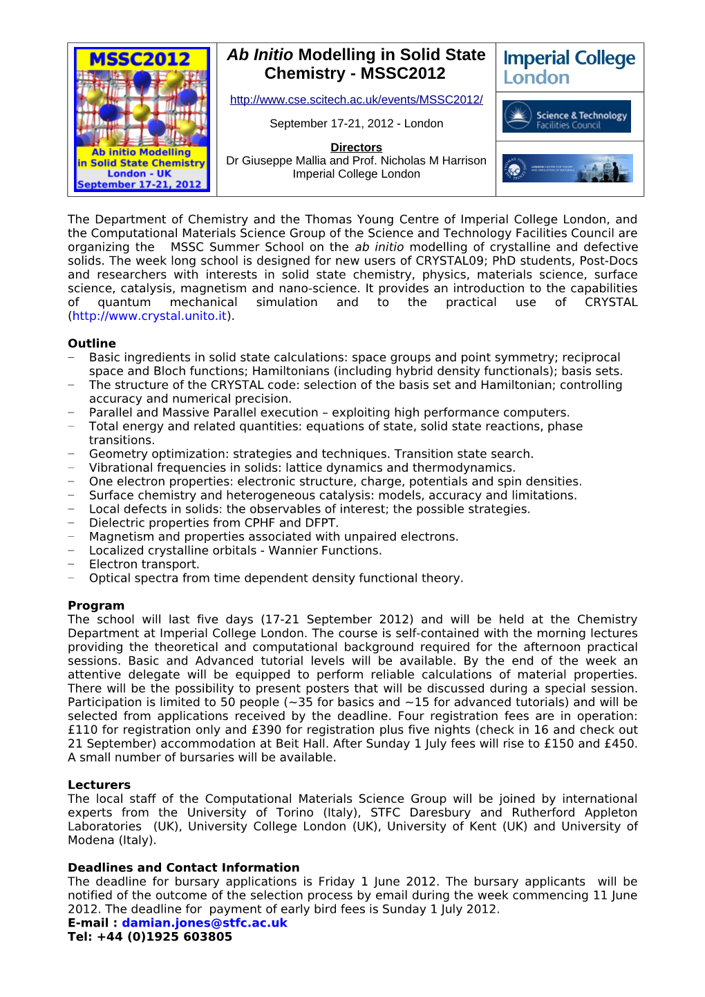 Ab Initio Modelling in Solid State Chemistry - MSSC2012