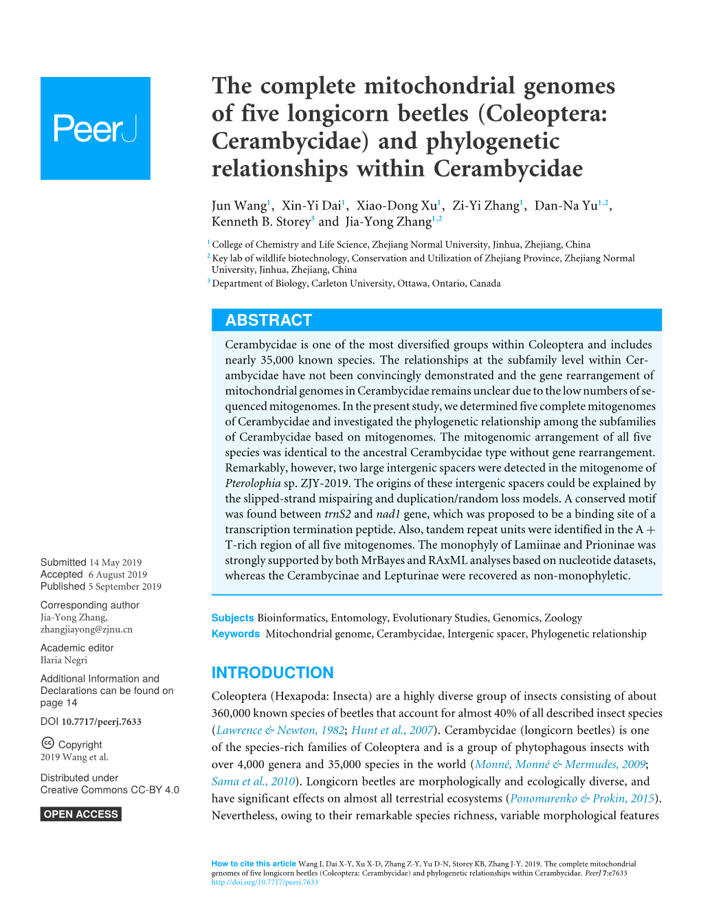 Coleoptera: Cerambycidae) and Phylogenetic Relationships Within Cerambycidae