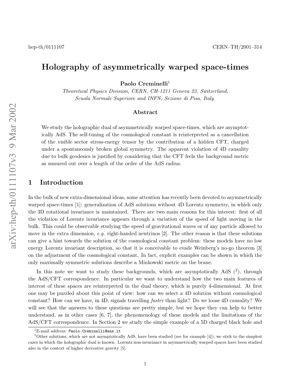 Holography of Asymmetrically Warped Space-Times
