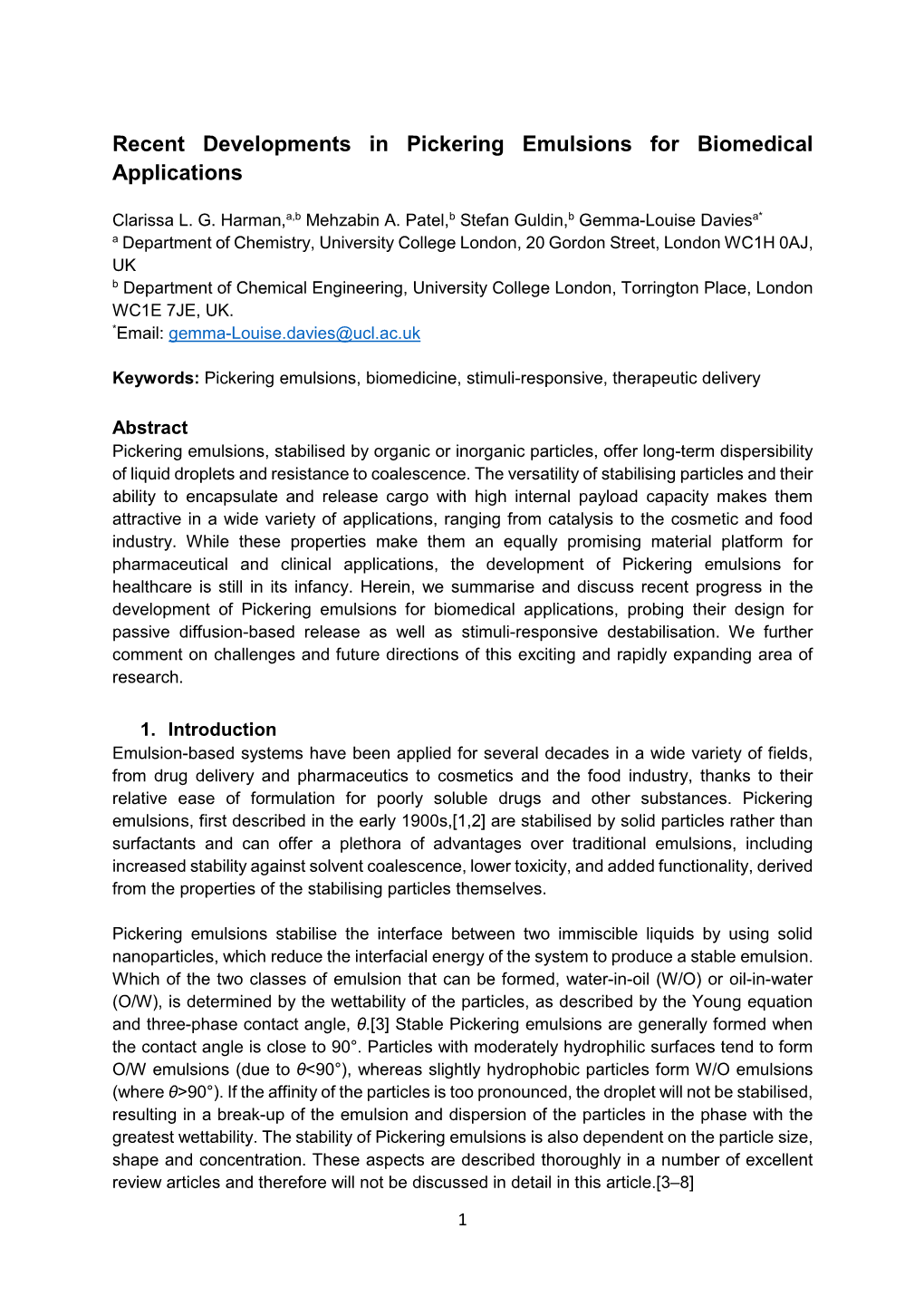 Recent Developments in Pickering Emulsions for Biomedical Applications