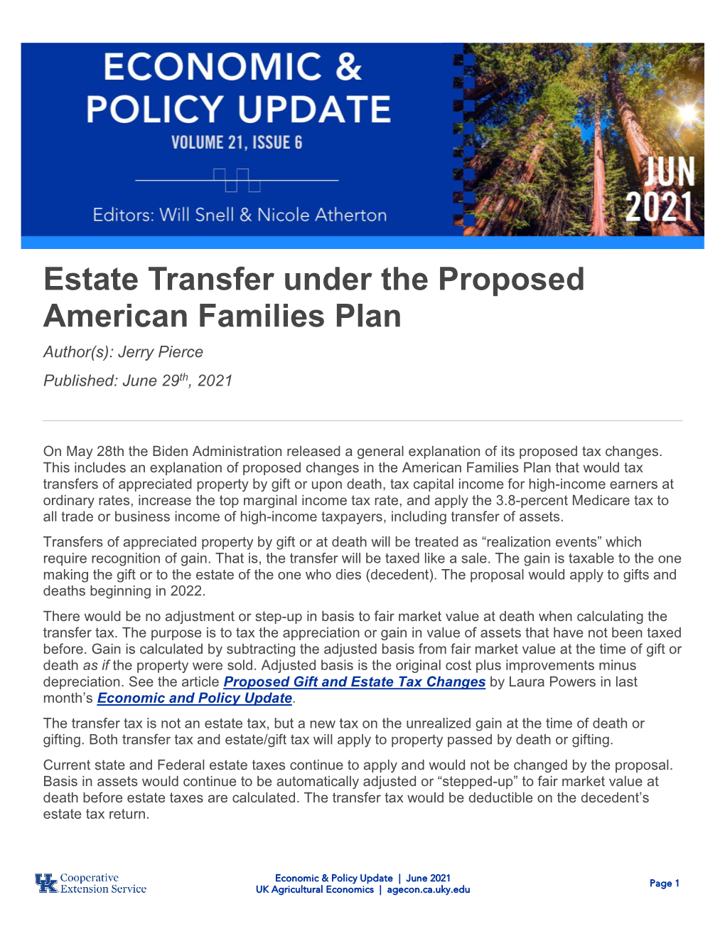 Estate Transfer Under the Proposed American Families Plan Author(S): Jerry Pierce Published: June 29Th, 2021