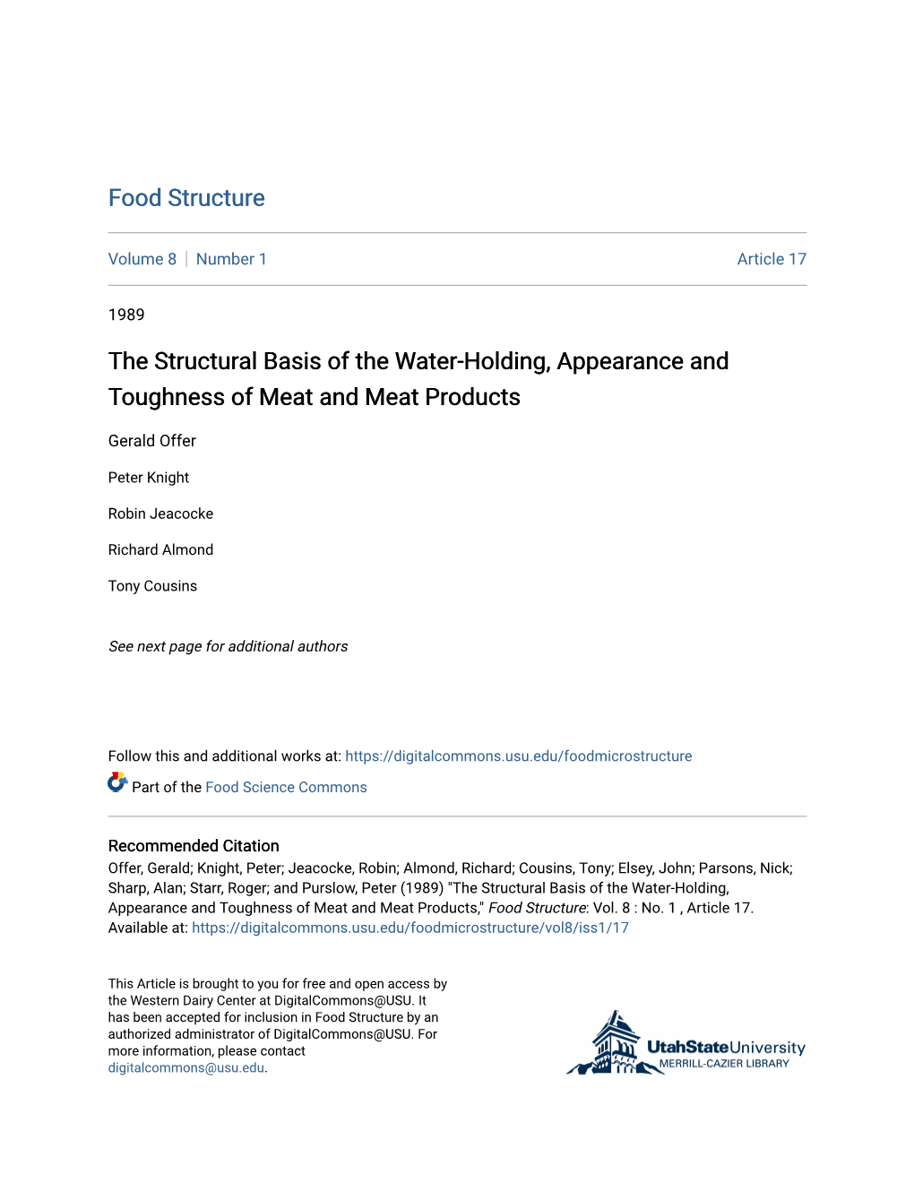 The Structural Basis of the Water-Holding, Appearance and Toughness of Meat and Meat Products