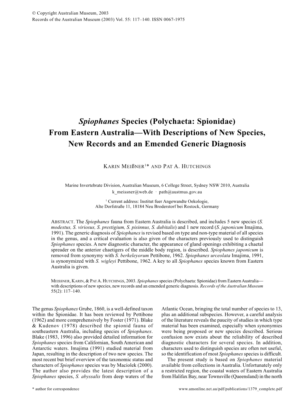 Polychaeta: Spionidae) from Eastern Australia—With Descriptions of New Species, New Records and an Emended Generic Diagnosis