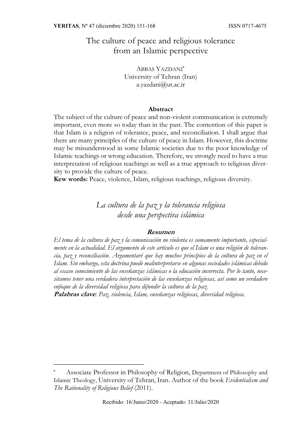 The Culture of Peace and Religious Tolerance from an Islamic Perspective La Cultura De La Paz Y La Tolerancia Religiosa Desde Un