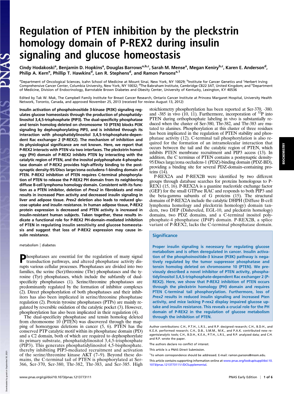 Regulation of PTEN Inhibition by the Pleckstrin Homology Domain of P-REX2 During Insulin Signaling and Glucose Homeostasis