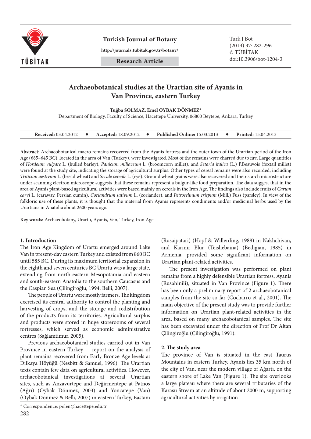 Archaeobotanical Studies at the Urartian Site of Ayanis in Van Province, Eastern Turkey