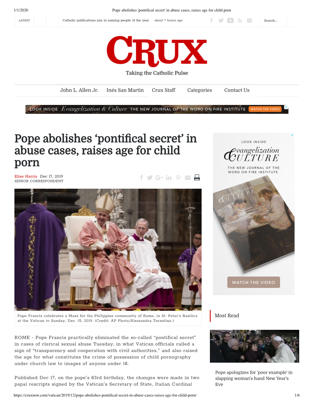 Pope Abolishes 'Ponti Cal Secret' in Abuse Cases, Raises Age for Child Porn