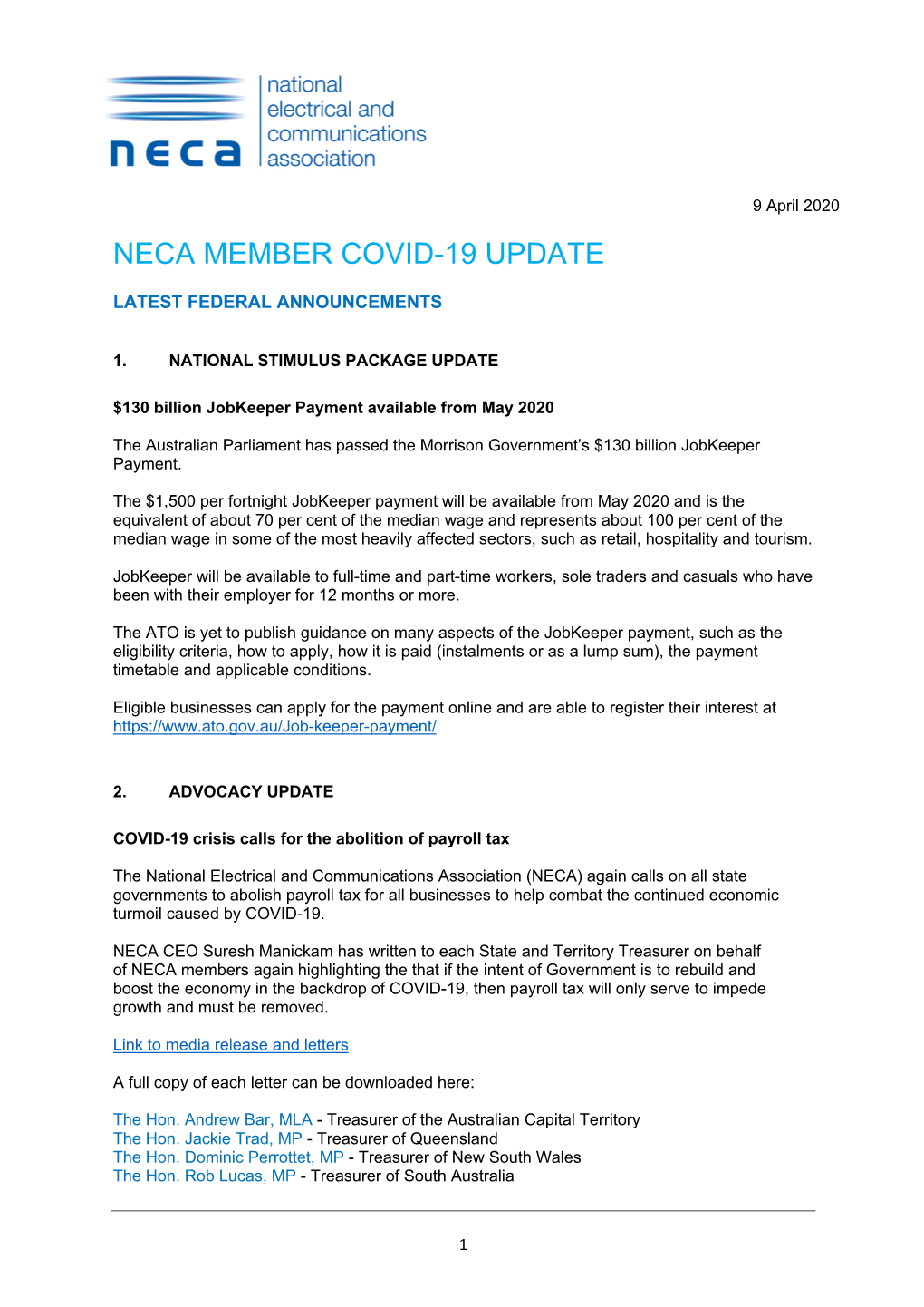 Neca Member Covid-19 Update 9 April 2020