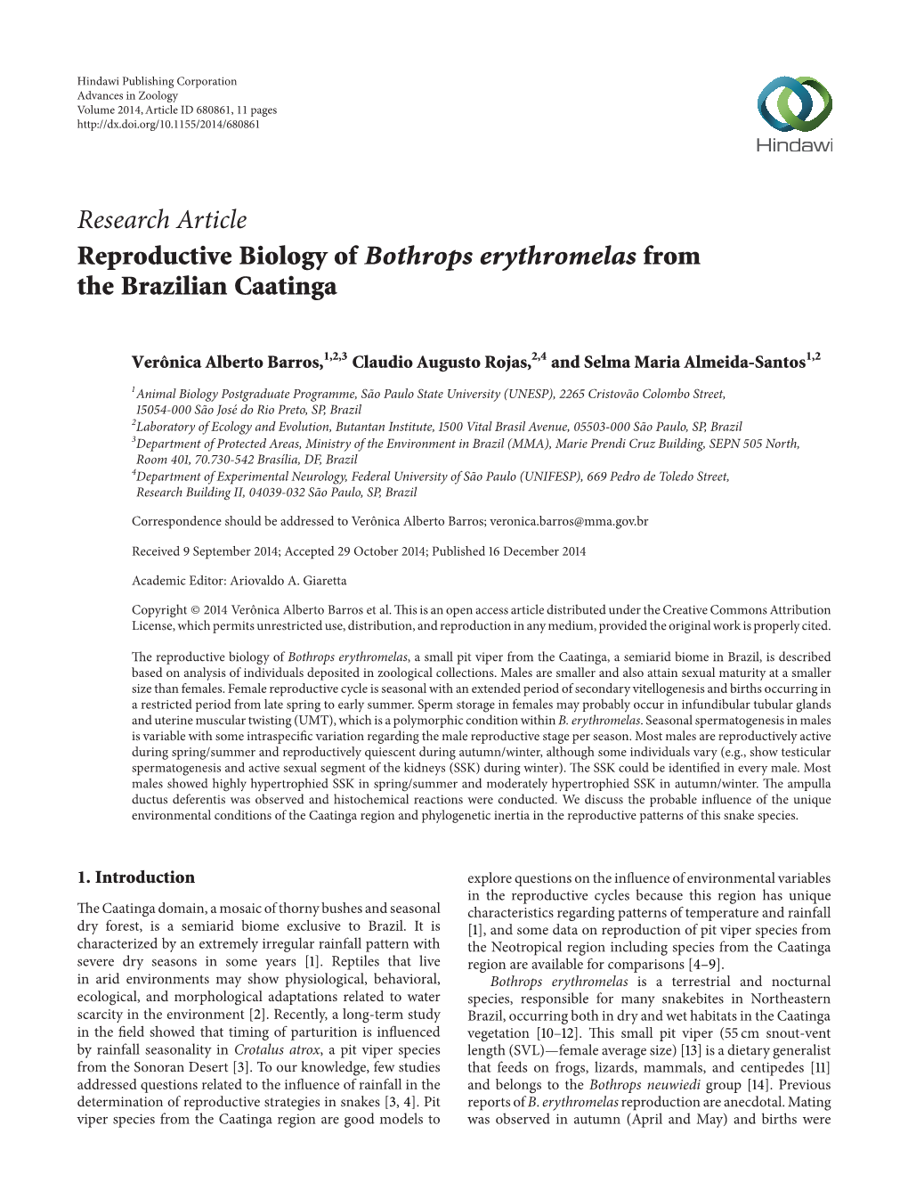 Research Article Reproductive Biology of Bothrops Erythromelas from the Brazilian Caatinga