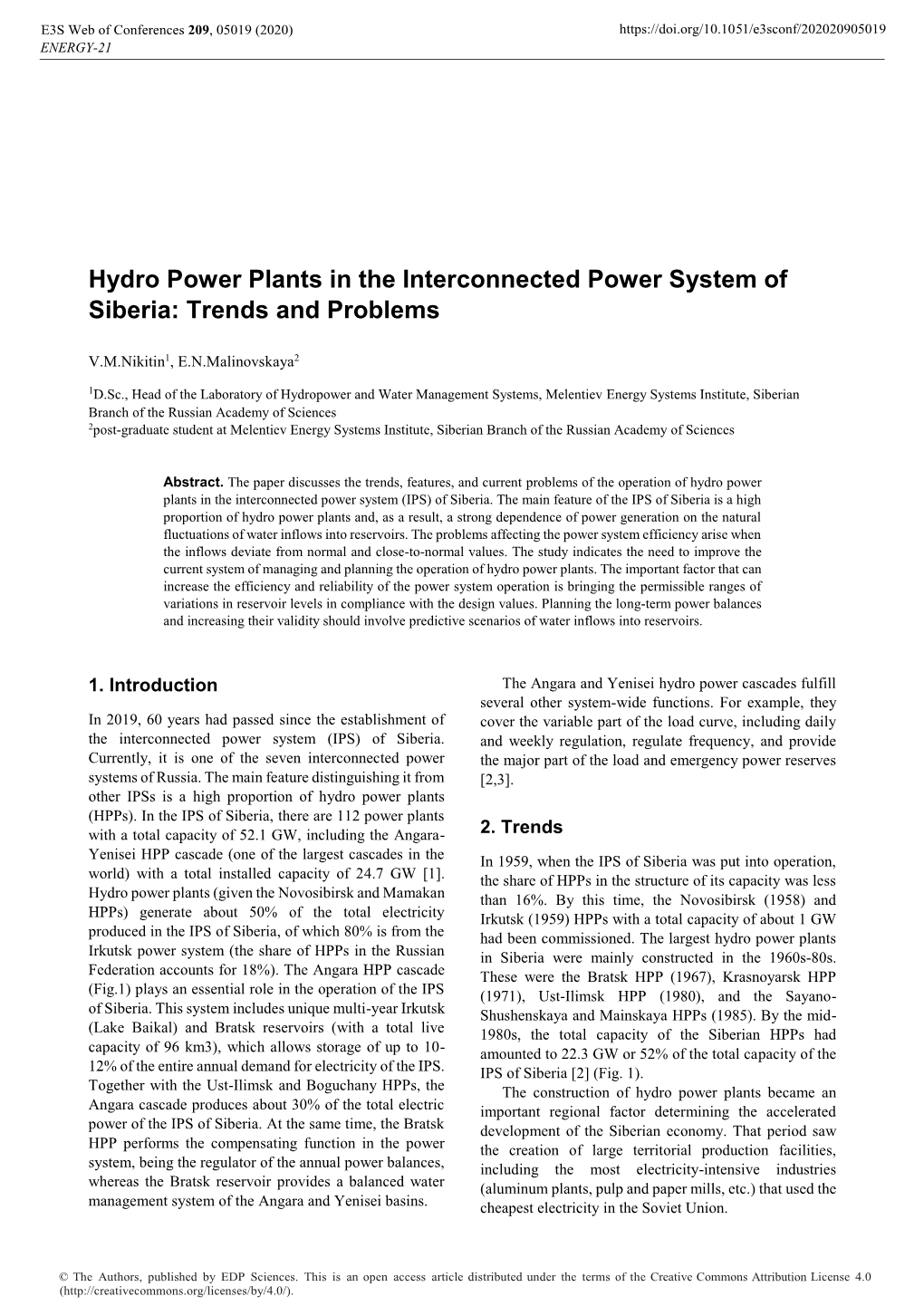 Hydro Power Plants in the Interconnected Power System of Siberia: Trends and Problems