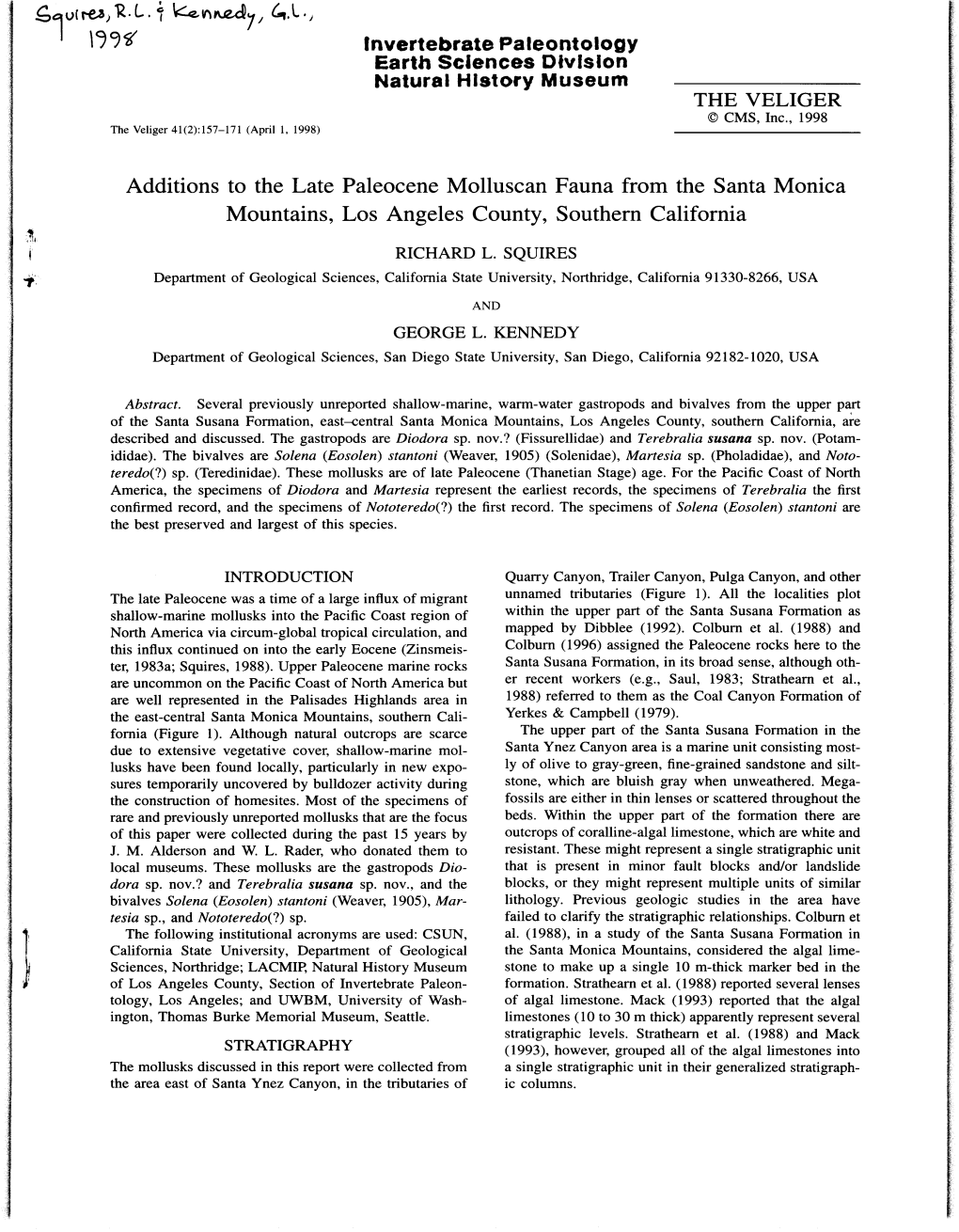 W* Additions to the Late Paleocene Molluscan Fauna from the Santa