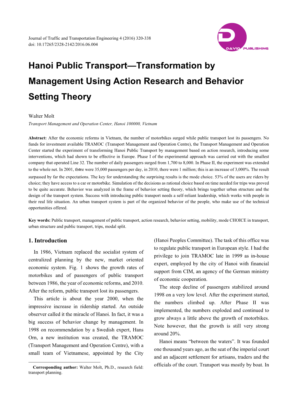 Hanoi Public Transport—Transformation by Management Using Action Research and Behavior Setting Theory