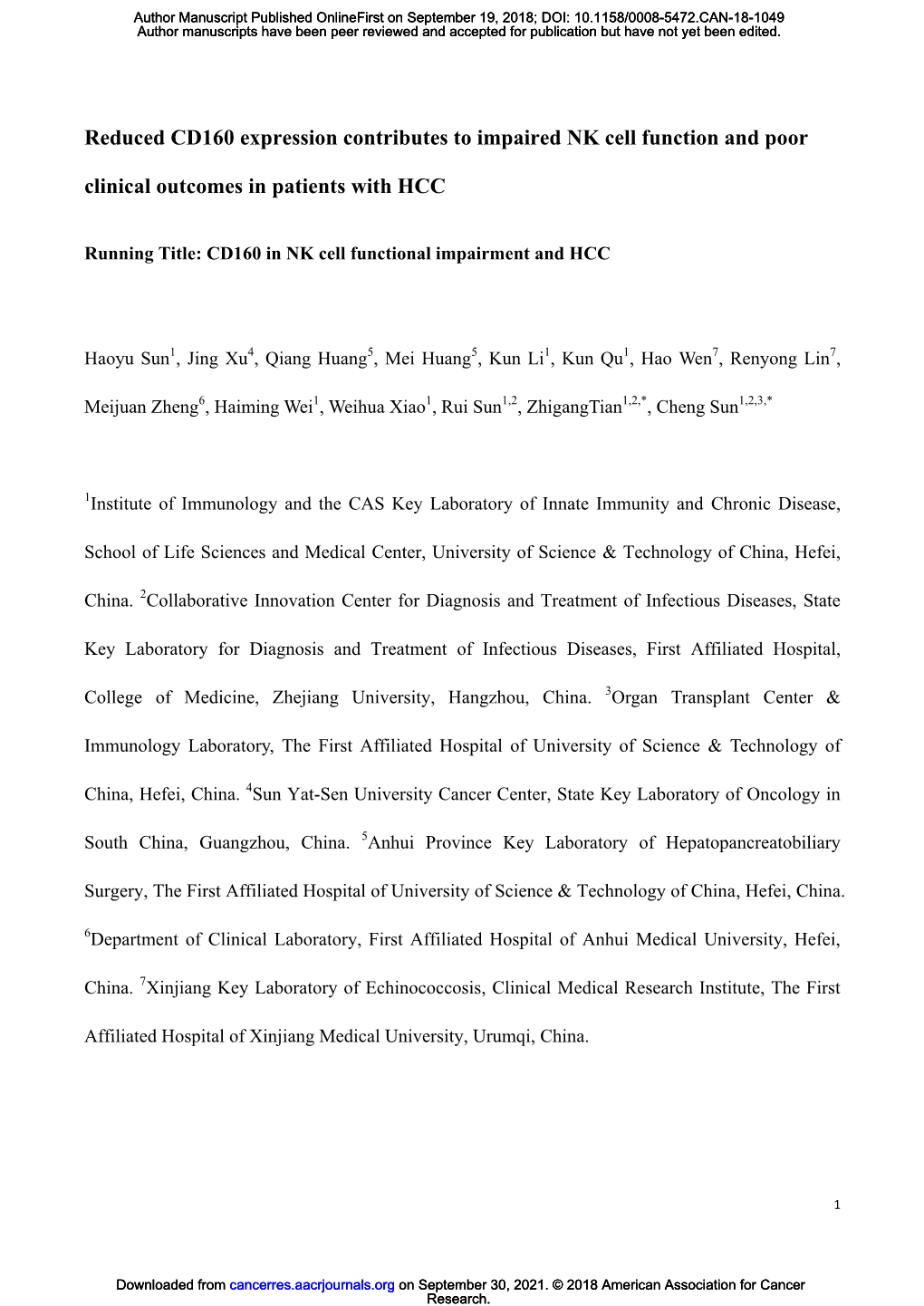 Reduced CD160 Expression Contributes to Impaired NK Cell Function and Poor