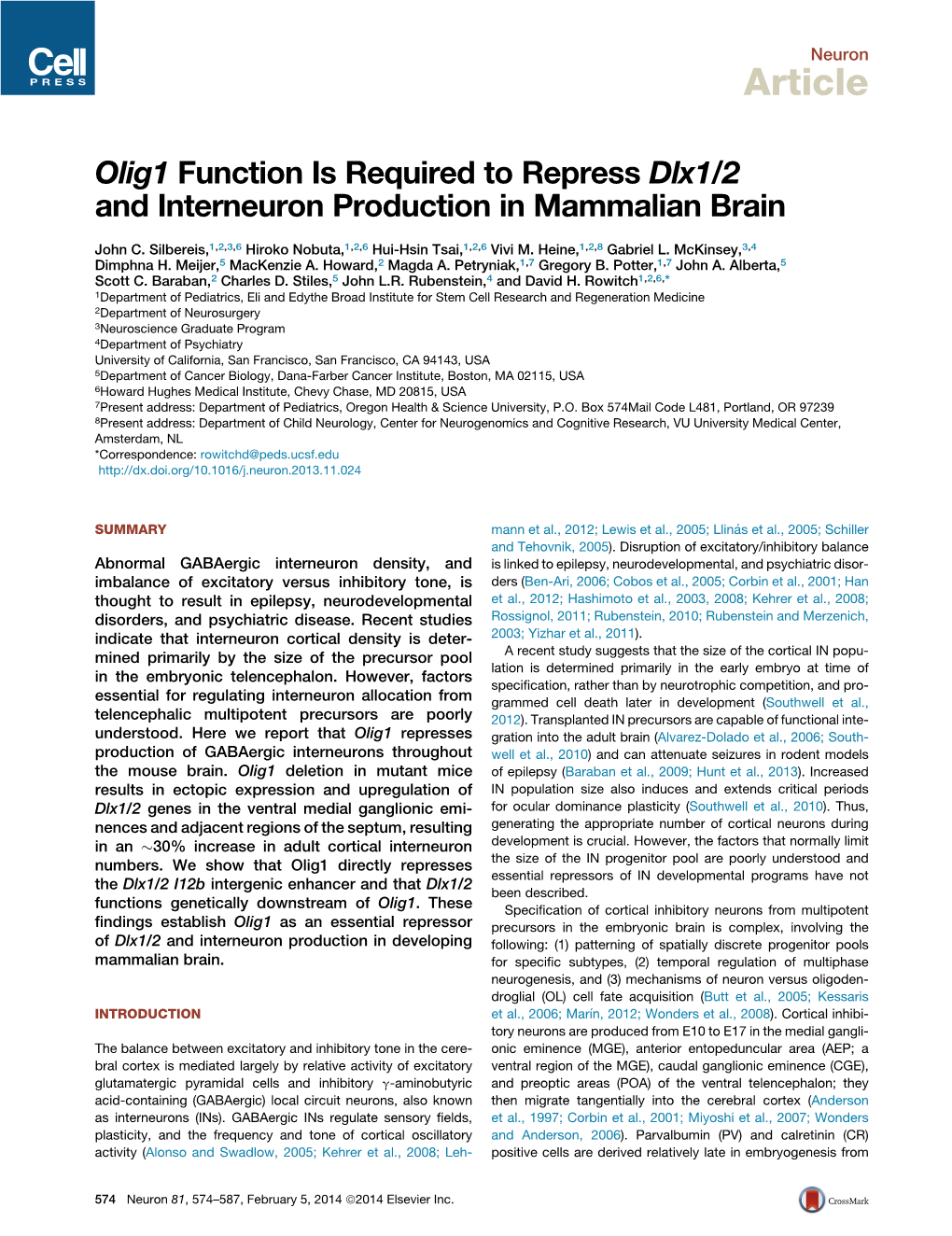 Olig1 Function Is Required to Repress Dlx1/2 and Interneuron Production in Mammalian Brain
