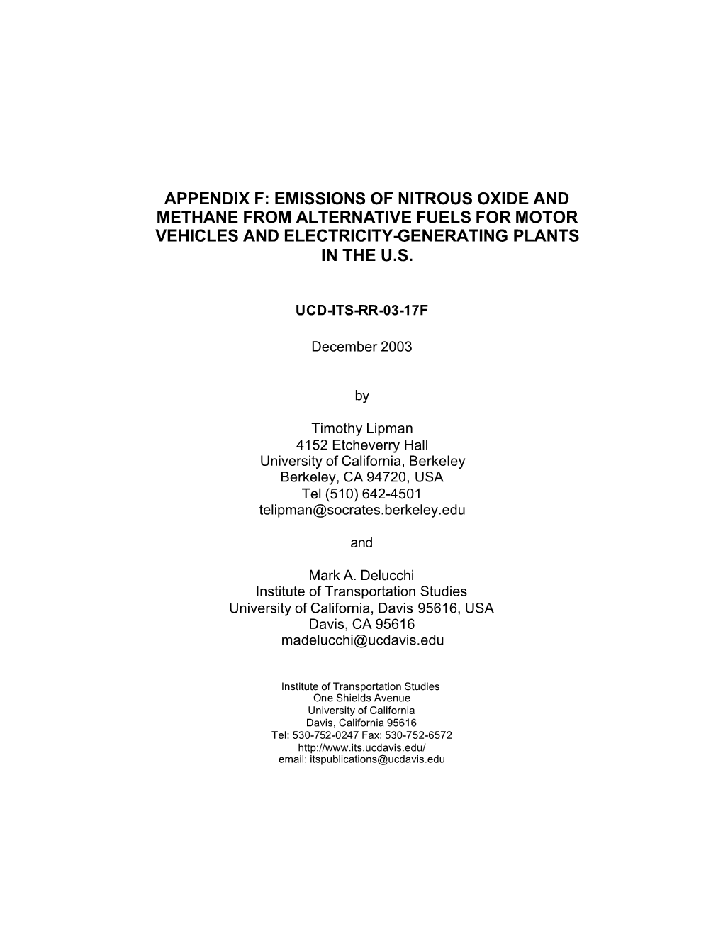 Emissions of Nitrous Oxide and Methane from Alternative Fuels for Motor Vehicles and Electricity-Generating Plants in the U.S