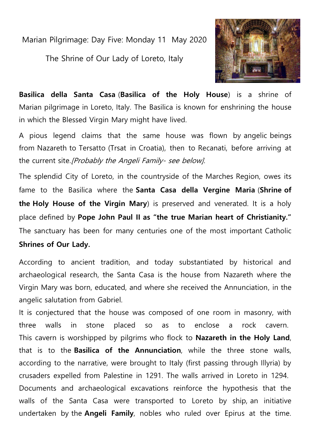 Marian Pilgrimage: Day Five: Monday 11 May 2020