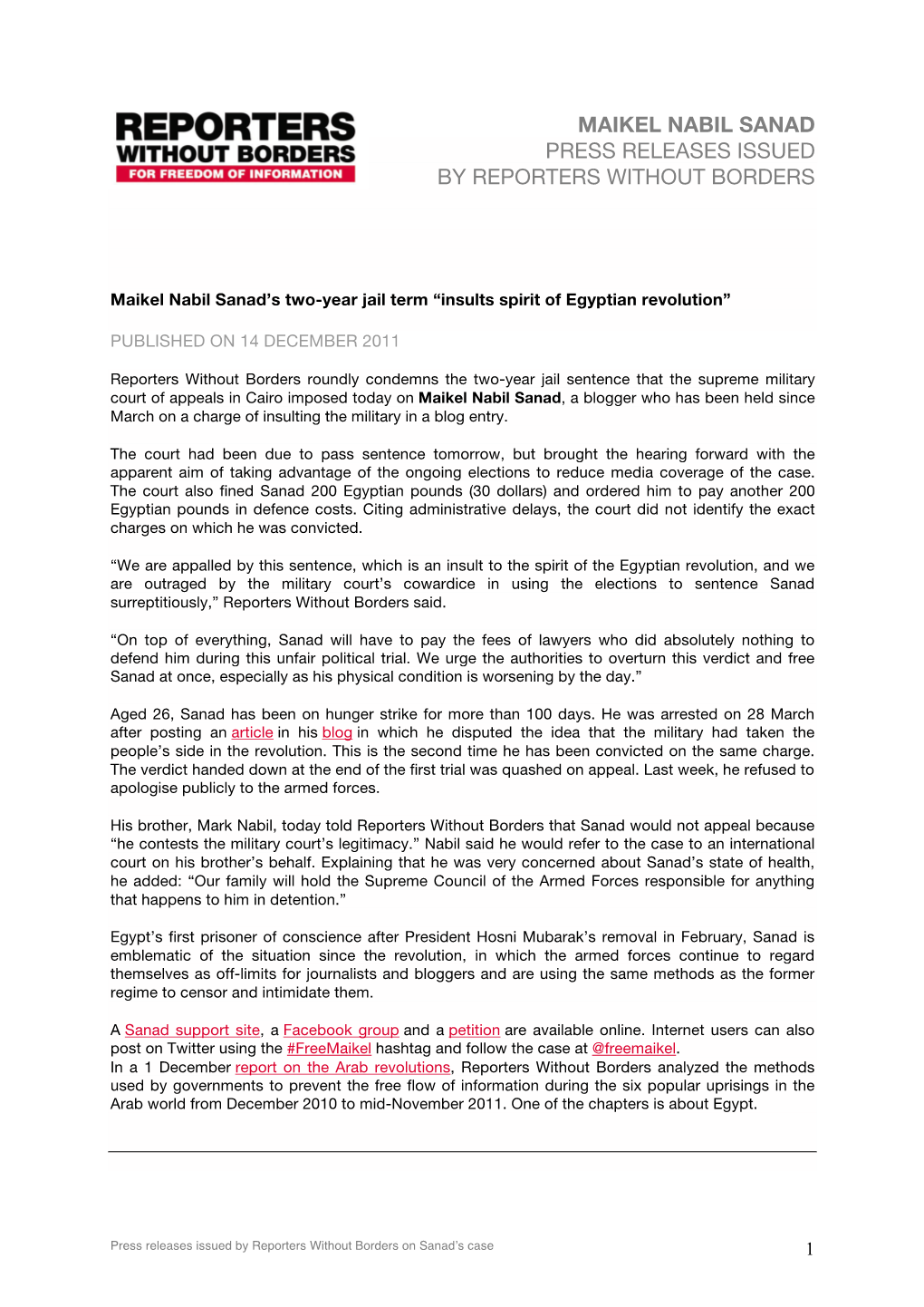 Maikel Nabil Sanad Press Releases Issued by Reporters Without Borders
