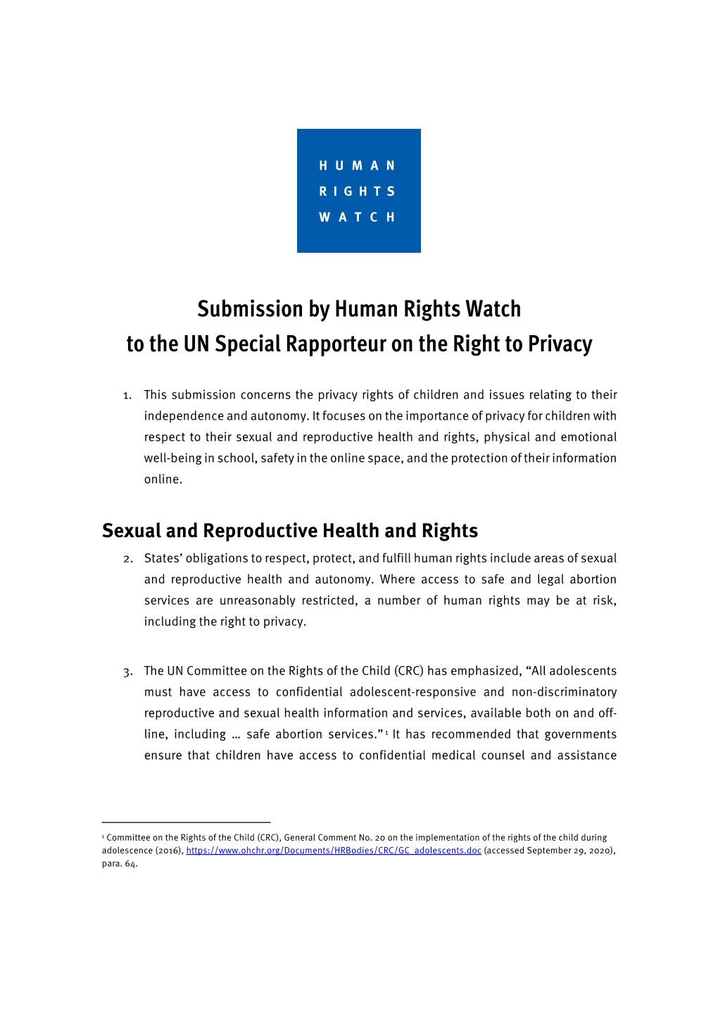 Submission by Human Rights Watch to the UN Special Rapporteur on the Right to Privacy