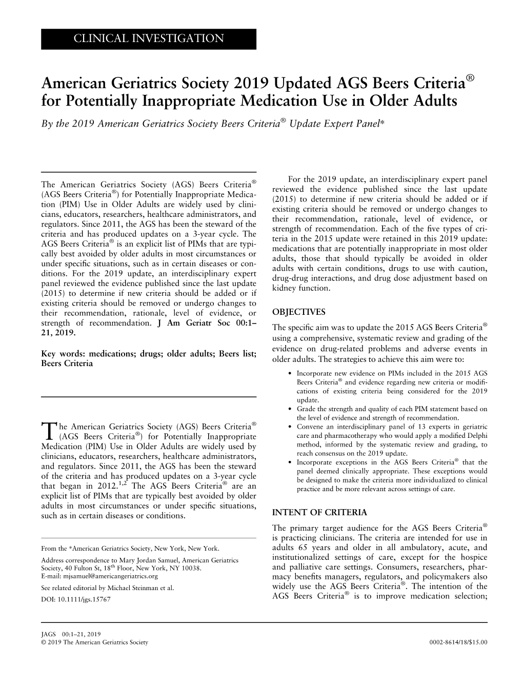 American Geriatrics Society 2019 Updated AGS Beers