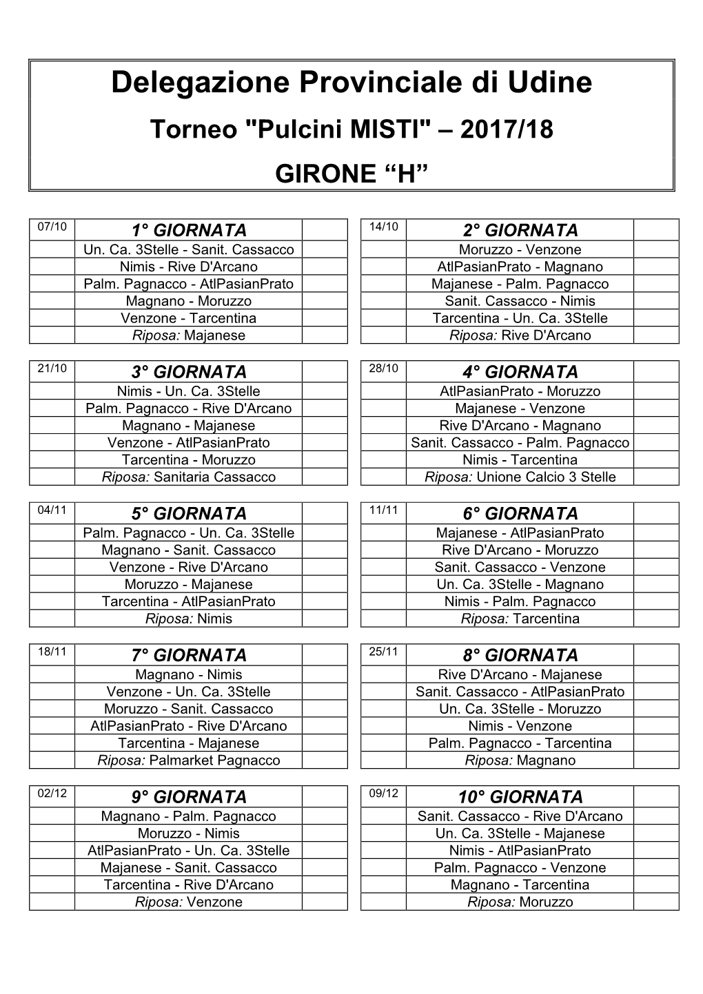 Delegazione Provinciale Di Udine Torneo "Pulcini MISTI" 2017/18 GIRONE H