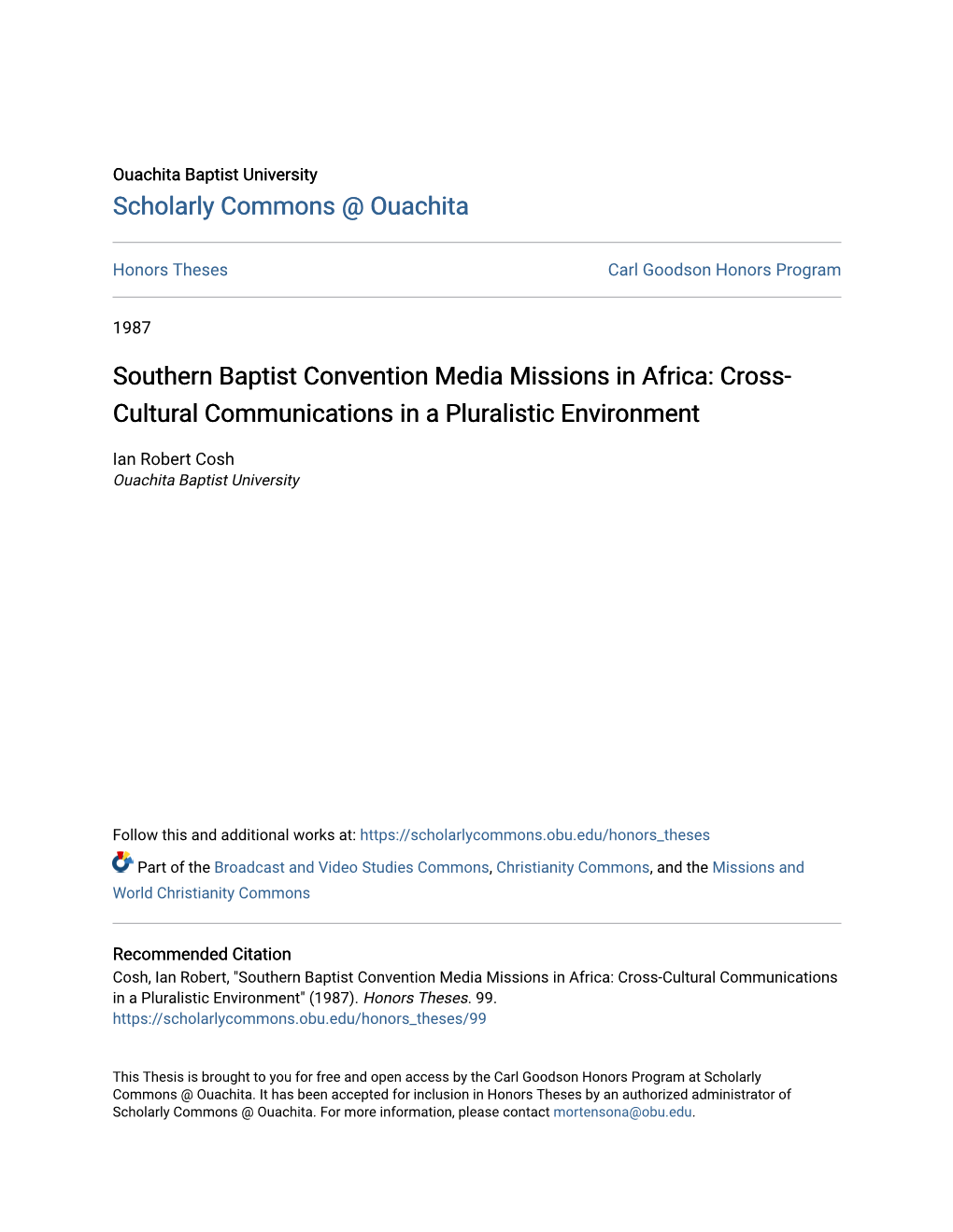 Southern Baptist Convention Media Missions in Africa: Cross-Cultural Communications in a Pluralistic Environment" (1987)