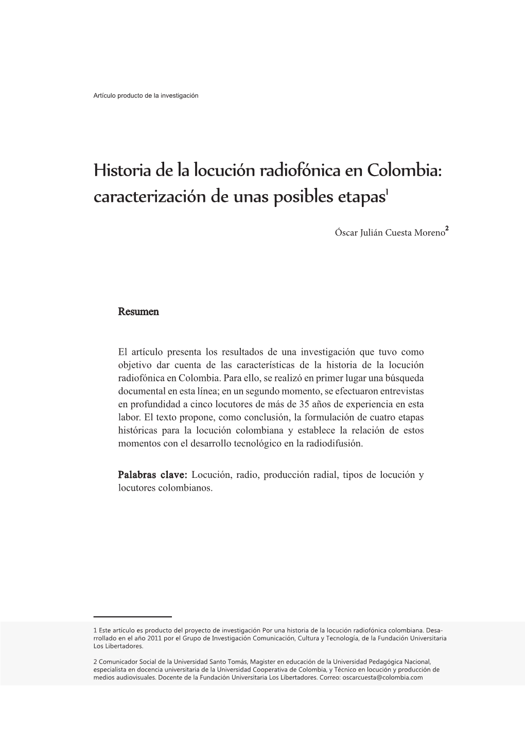 Historia De La Locución Radiofónica En Colombia: Caracterización De Unas Posibles Etapas1
