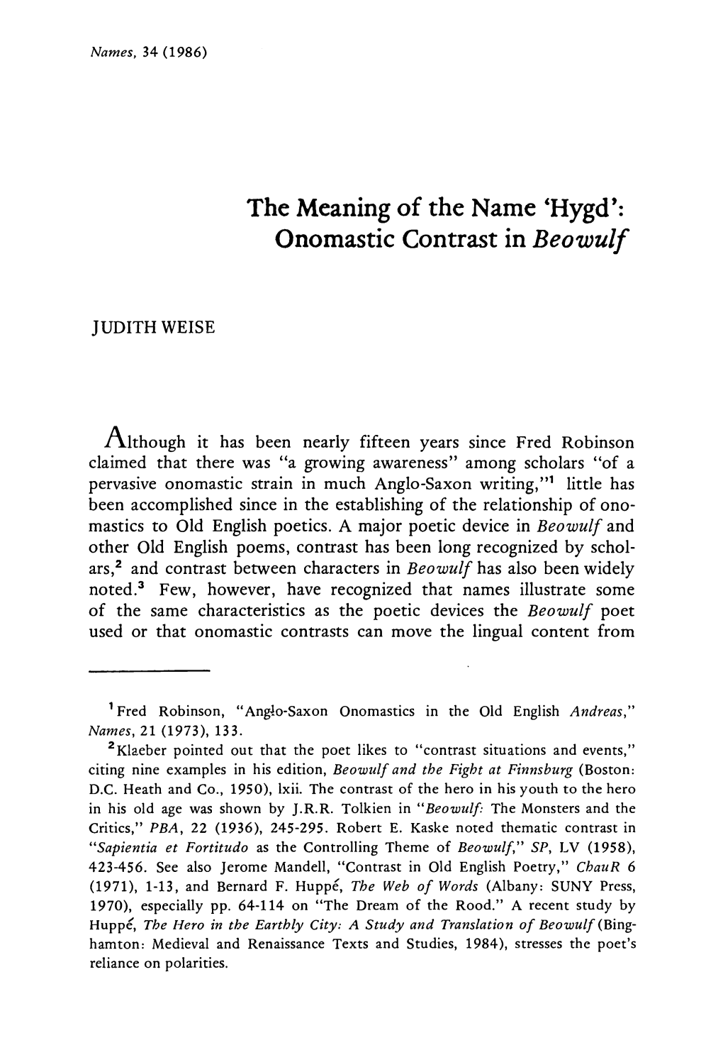 The Meaning of the Name Â‚Hygdâ•Ž: Onomastic Contrast in <I>Beowulf</I>