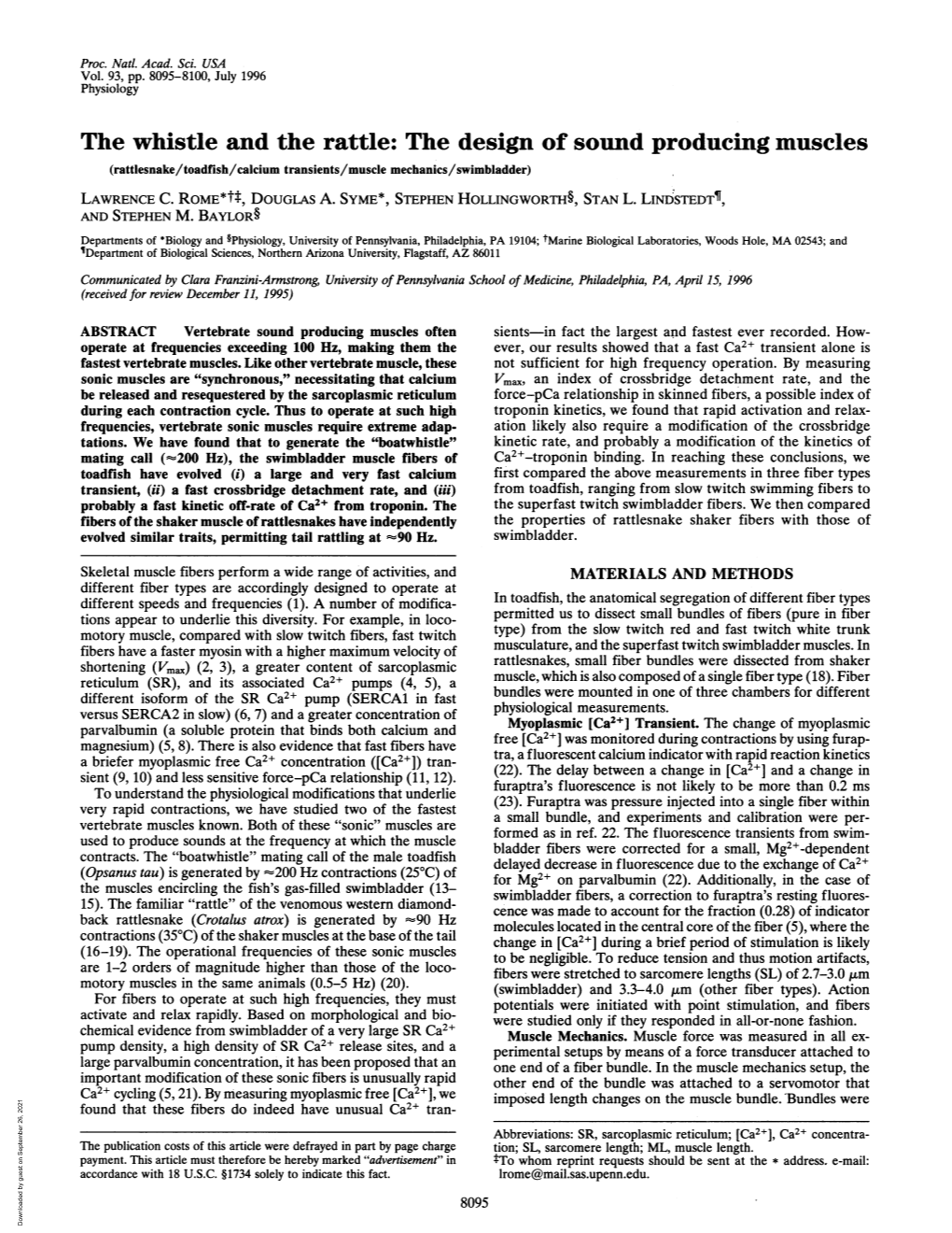 The Whistle and the Rattle: the Design of Sound Producing Muscles (Rattlesnake/Toadfish/Calcium Transients/Muscle Mechanics/Swimbladder) LAWRENCE C