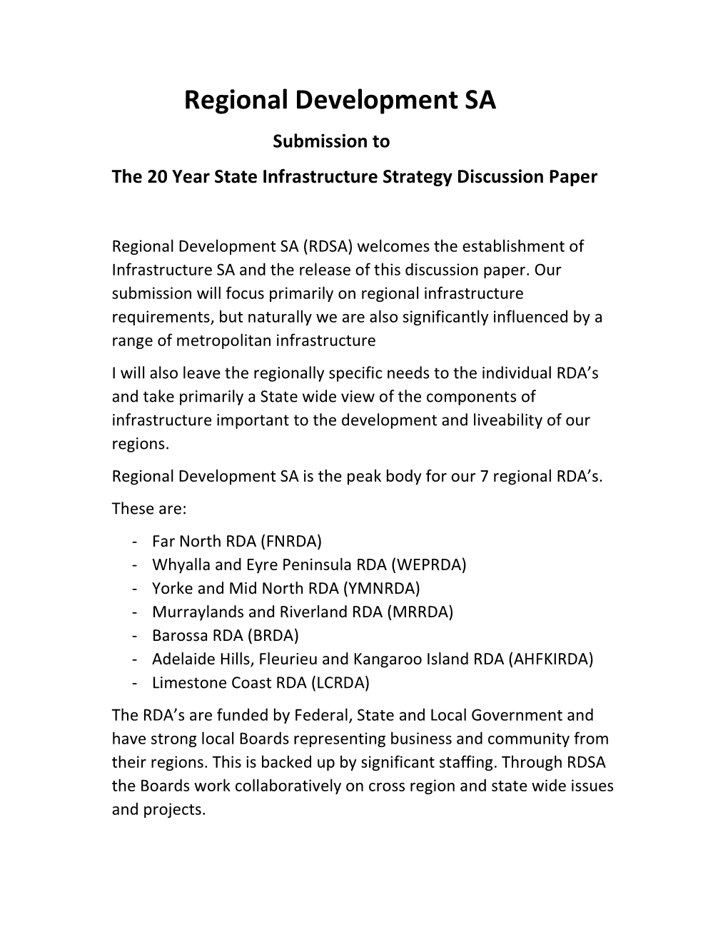 Regional Development SA Submission to the 20 Year State Infrastructure Strategy Discussion Paper