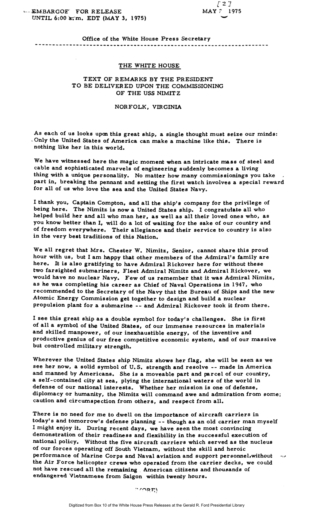 Gerald R. Ford Administration White House Press Releases