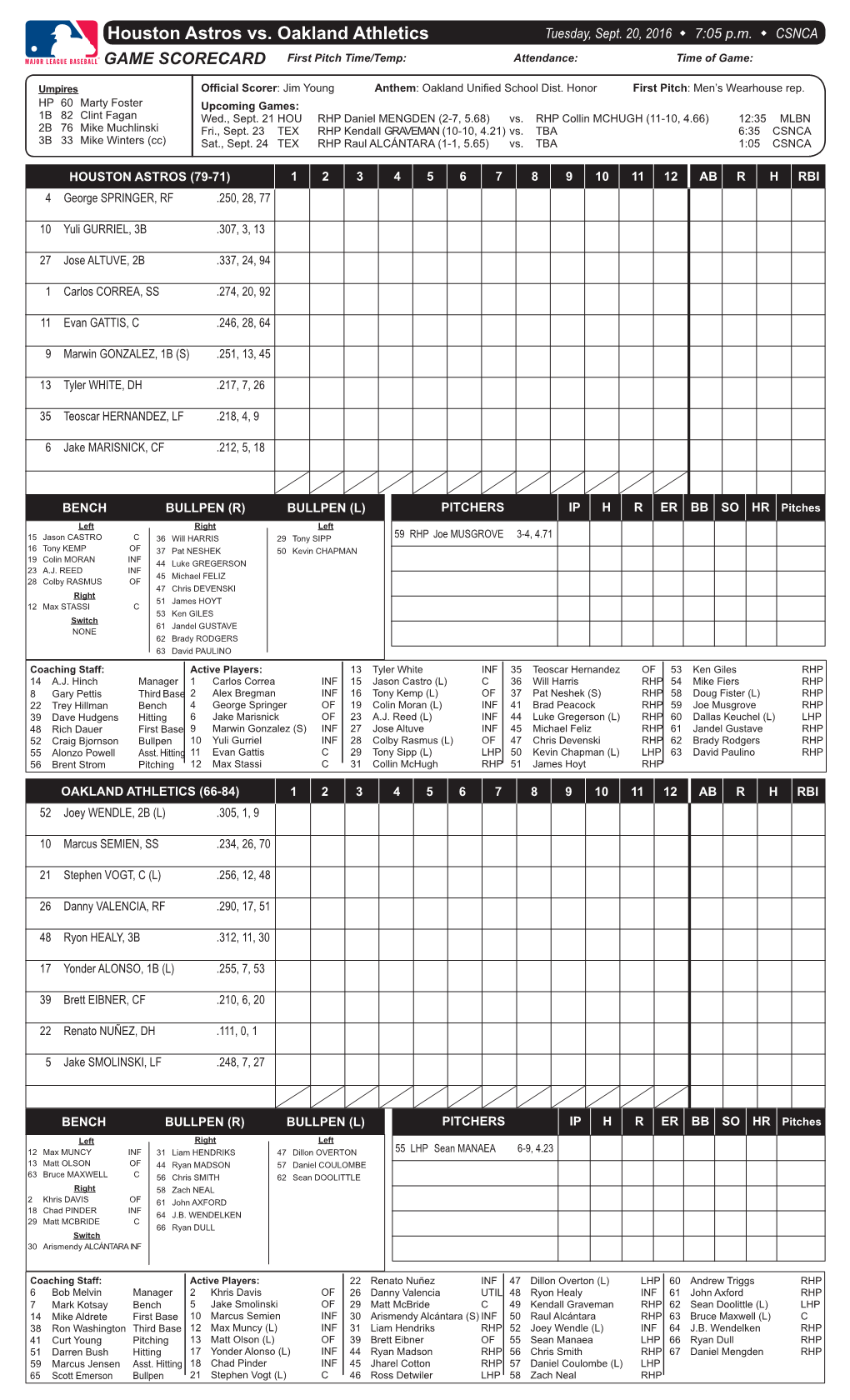 Houston Astros Vs. Oakland Athletics Tuesday, Sept