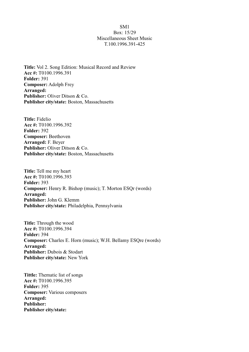 Vol 2. Song Edition: Musical Record and Review Acc #: T0100.1996.391 Folder: 391 Composer: Adolph Frey Arranged: Publisher: Oliver Ditson & Co