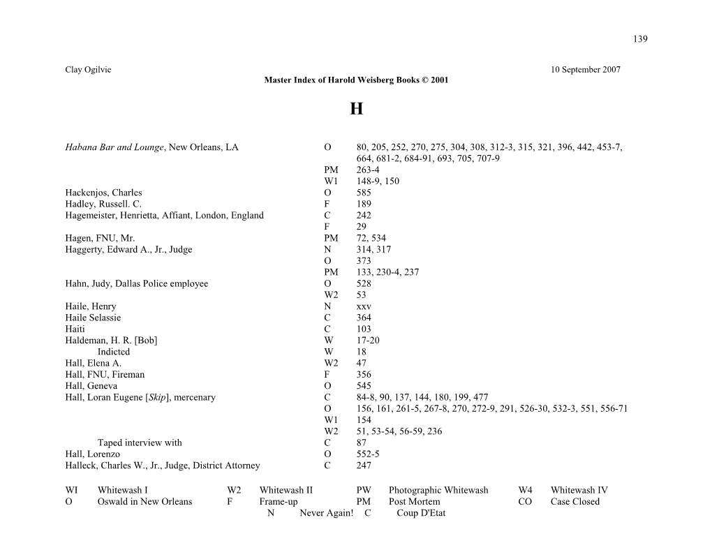 Master Index of Harold Weisberg Books 2001