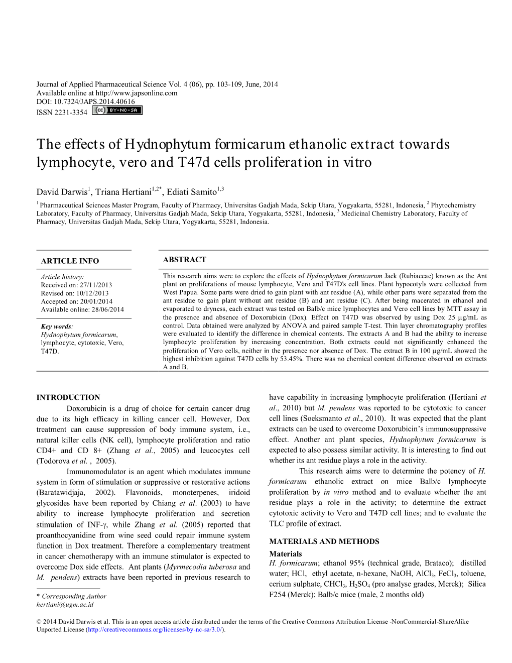 The Effects of Hydnophytum Formicarum Ethanolic Extract Towards Lymphocyte, Vero and T47d Cells Proliferation in Vitro