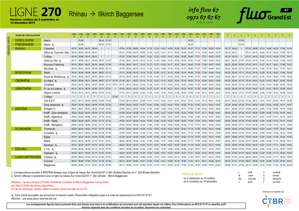 LIGNE 270 Rhinau Illkirch Baggersee Horaires Valables Du 2 Septembre Au 0972 67 67 67 14 Décembre 2019 Appel Non Surtaxé