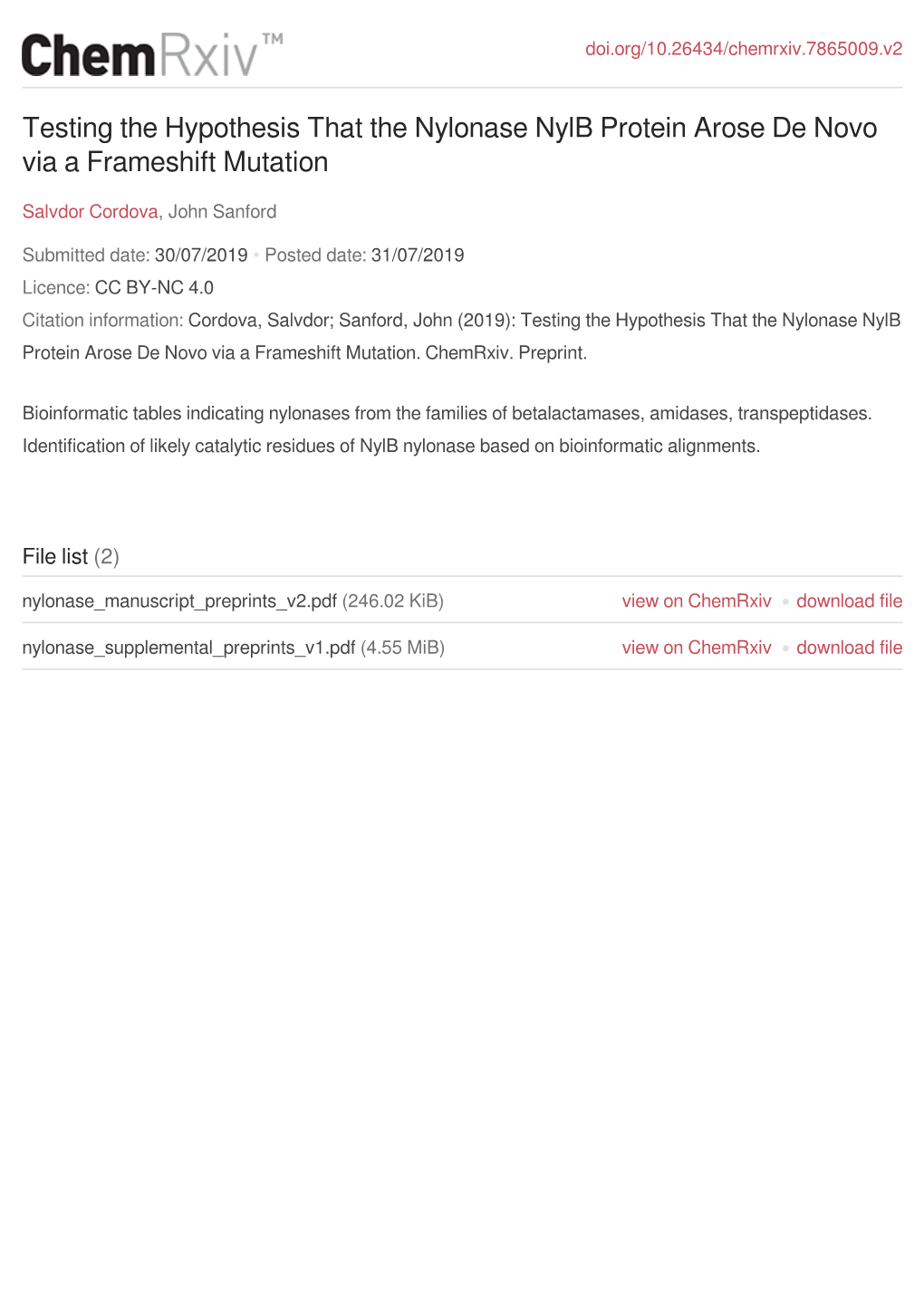 Testing the Hypothesis That the Nylonase Nylb Protein Arose De Novo Via a Frameshift Mutation