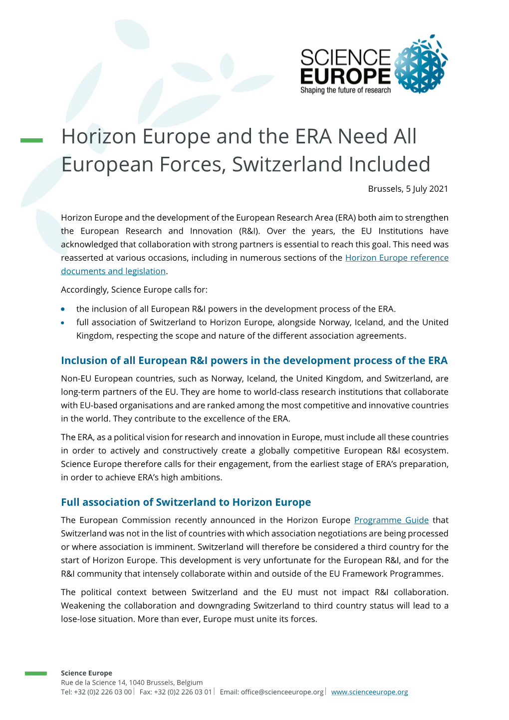 Horizon Europe and the ERA Need All European Forces, Switzerland Included