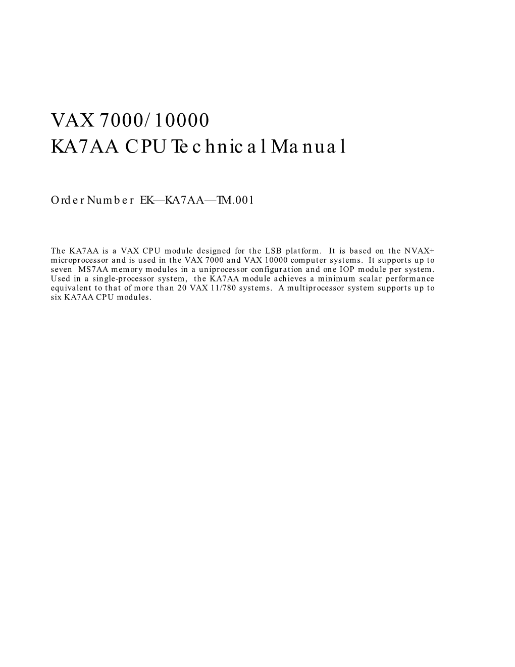 VAX 7000/10000 KA7AA CPU Technical Manual