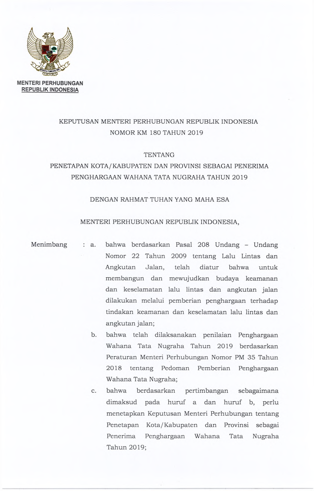 Keputusan Menteri Perhubungan Republik Indonesia Nomor Km 180 Tahun 2019