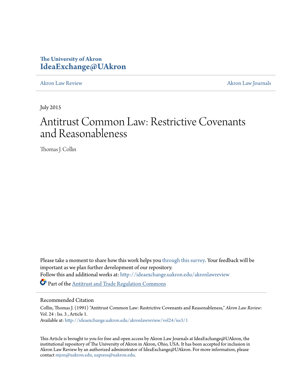 Antitrust Common Law: Restrictive Covenants and Reasonableness Thomas J