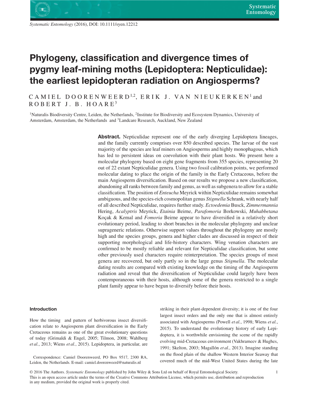 Lepidoptera: Nepticulidae): the Earliest Lepidopteran Radiation on Angiosperms?